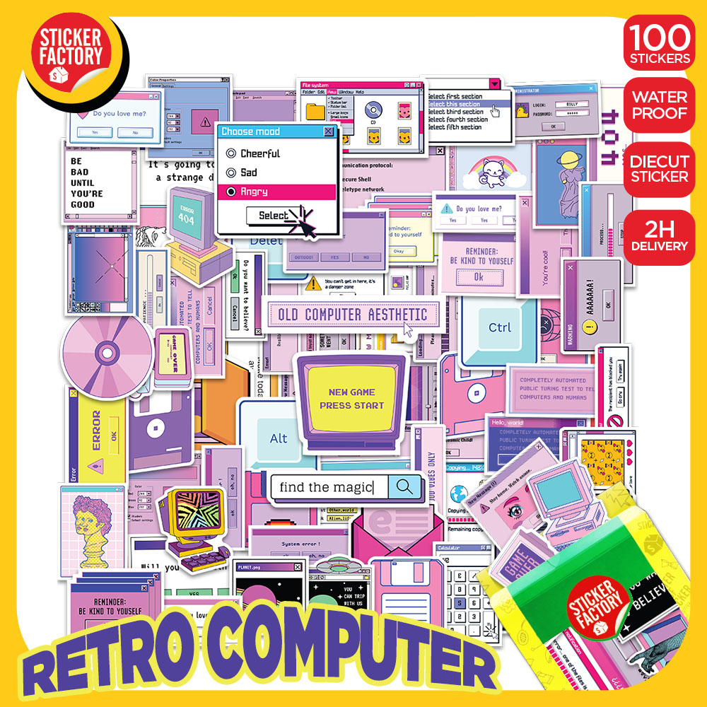 Retro Computer - Set 100 sticker decal hình dán nón bảo hiểm, laptop, xe máy, ô tô - STICKER FACTORY