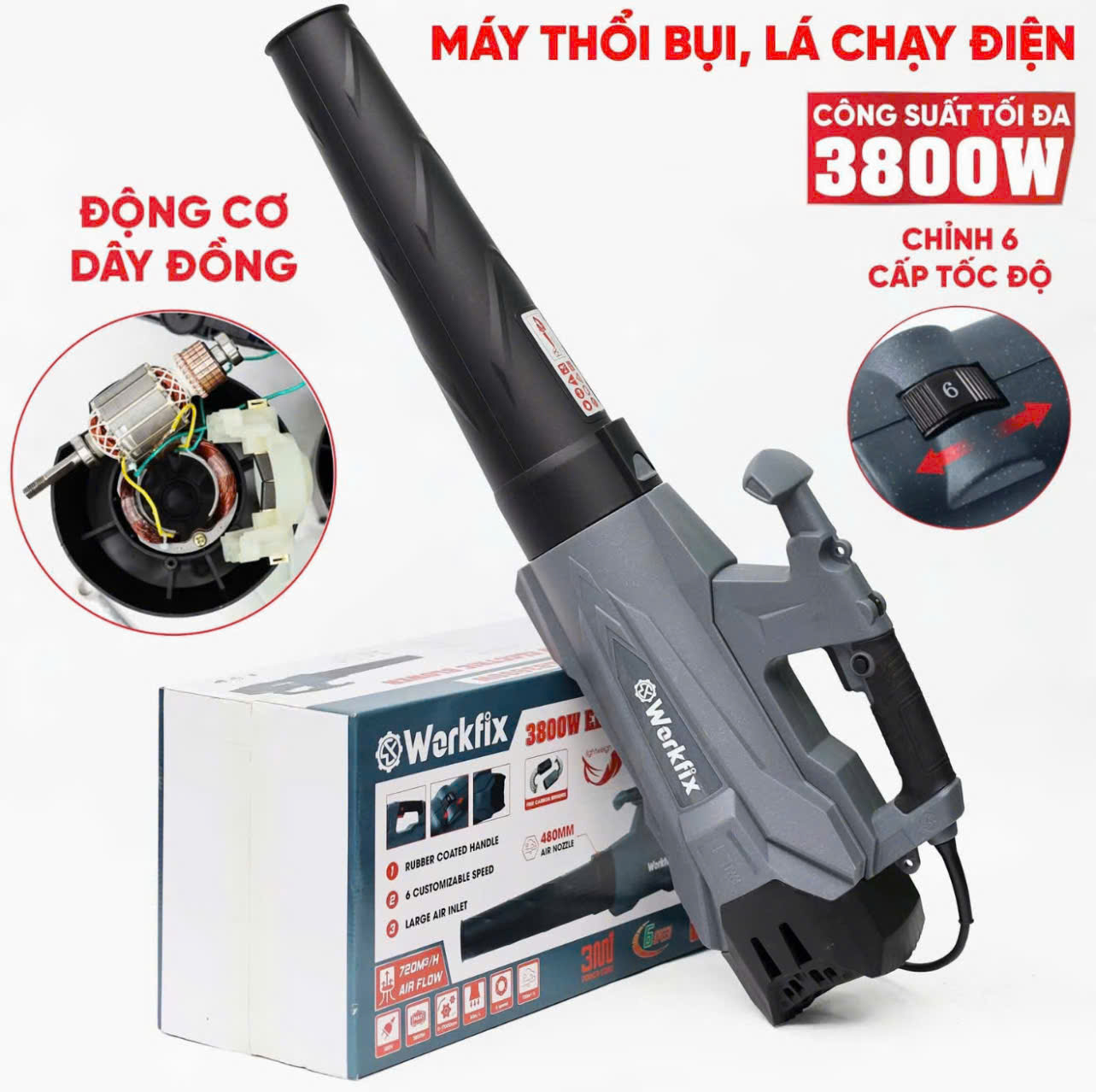 Máy Thổi Lá Điện Wokfix WF ELB3800W Công Suất Lớn 3800W 6 Cấp Chỉnh Tốc Chuẩn Đồng Bảo Hành 6 Tháng