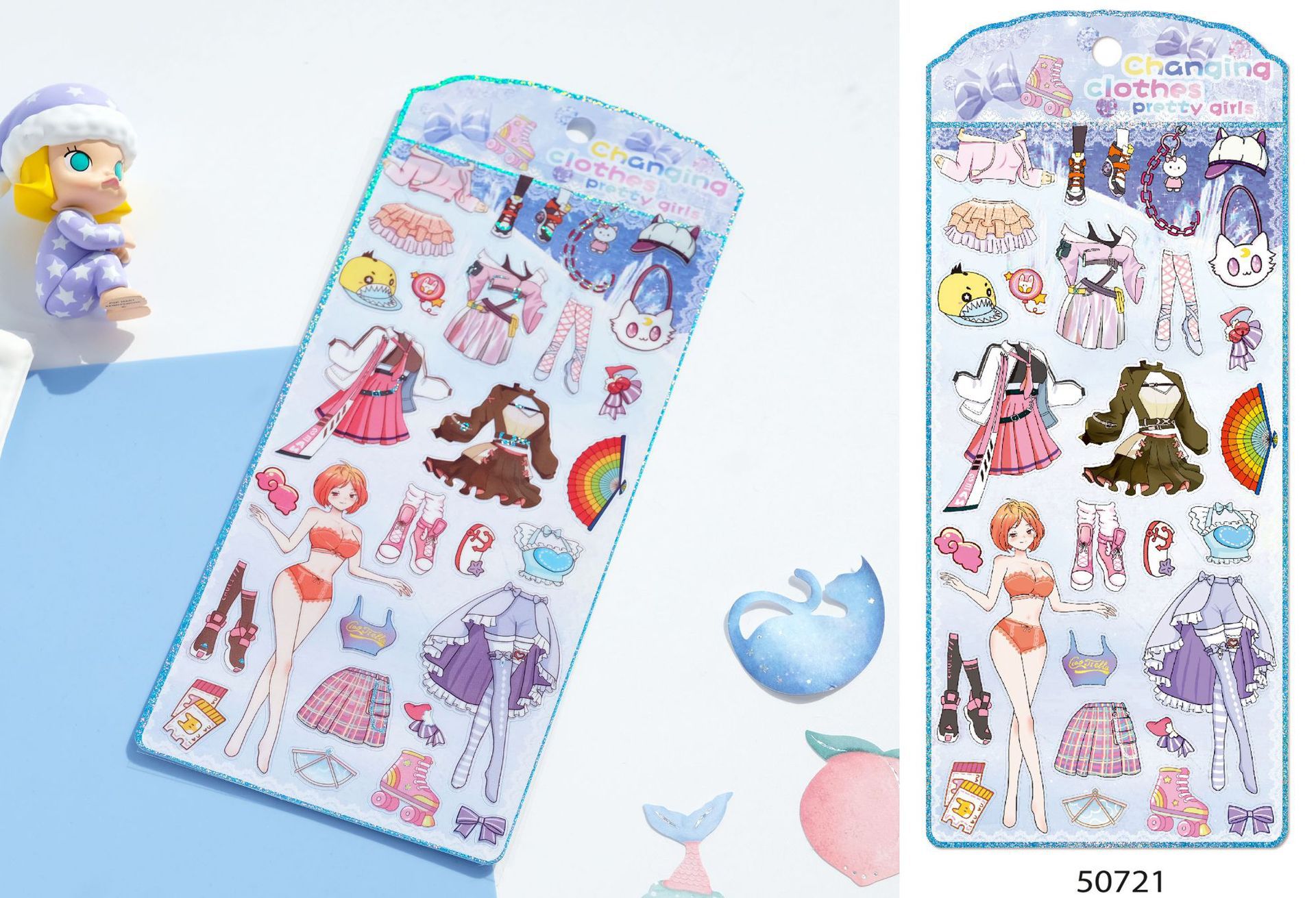 Sticker 3D PVC 9,5x22cm Kim tuyến óng ánh Dress Up Cô gái dễ thương nhiều màu