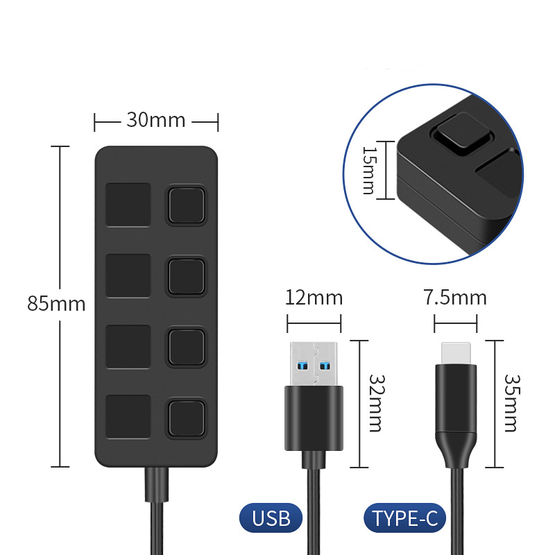 Hub USB 4 Cổng Công Tắc Đèn LED Tốc Độ Cao 3.0 (Type C to USB, Bộ Chia Cổng USB OTG, USB Laptop Hàng Chính Hãng )