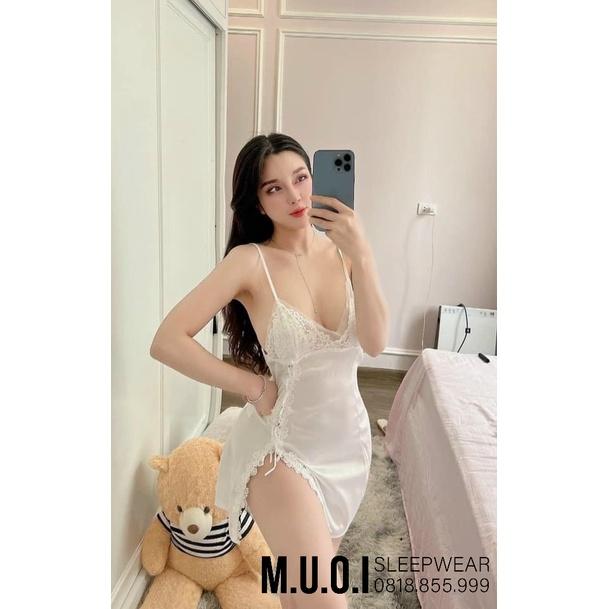 Váy ngủ QUẢNG CHÂU-SX 145-Váy ngủ lua phối ren hoa xẻ tà đan dây sexy QUẢNG CHÂU - hàng có sẵn(video+ ảnh)