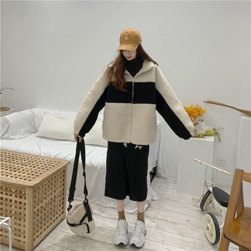 Áo khoác lông phối ngang