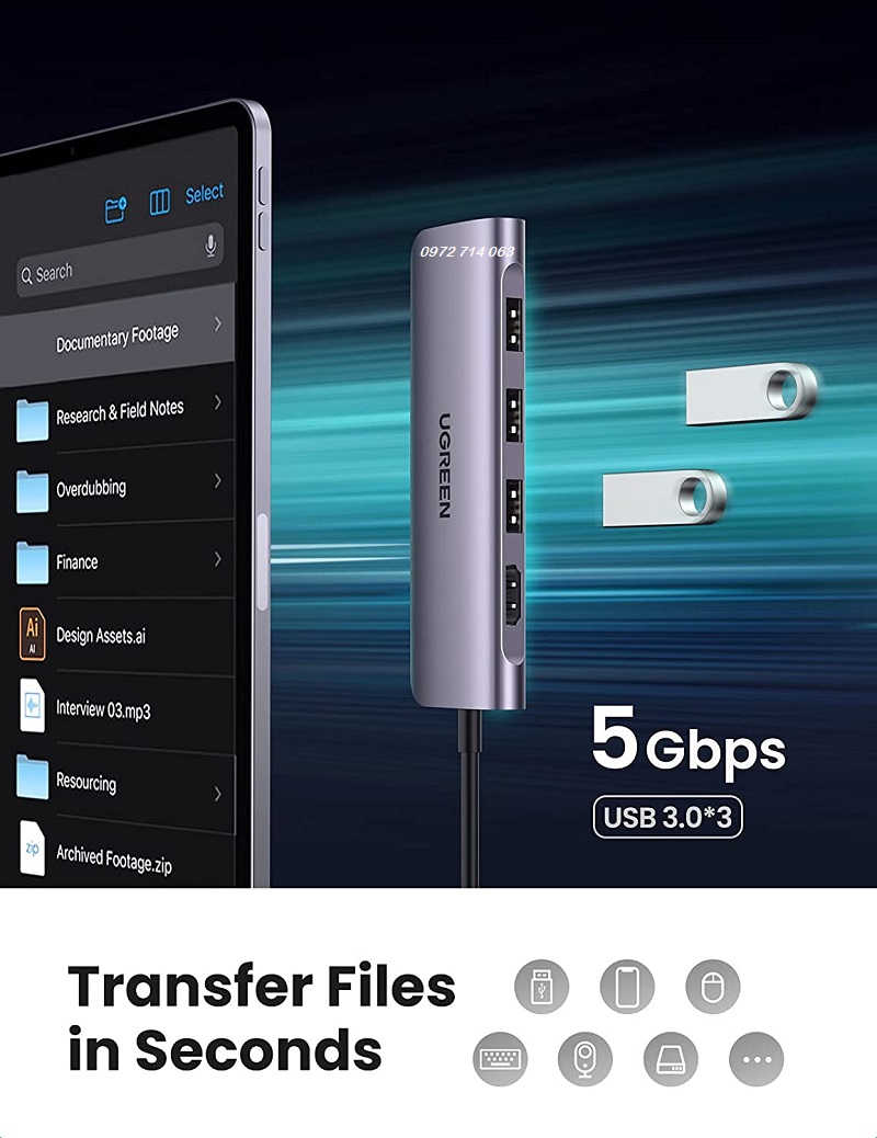 70410 Bộ chuyển đổi 6 trong 1 USB typeC sang HDMI 4K30HZ, 3 USB 3.0, đọc thẻ SD, TF Ugreen - hàng chính hãng