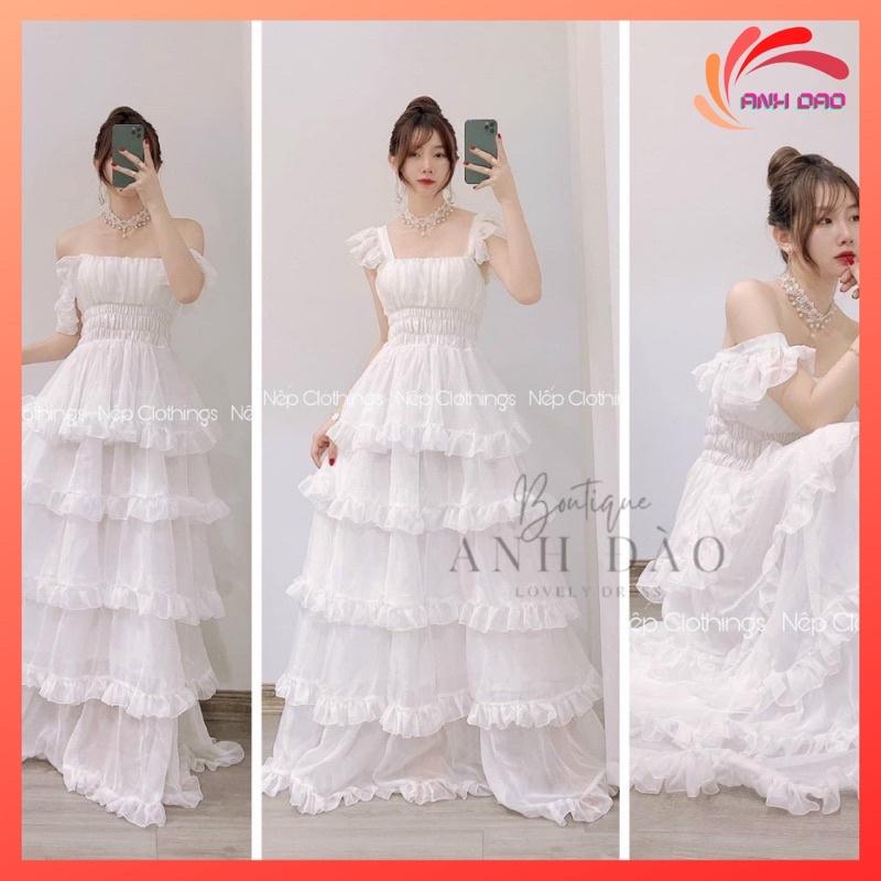 Váy đầm trắng dự tiệc maxi xòe 5 tầng công chúa xếp tầng dài hai dây bèo cánh tiên mùa tết. MET SHOP