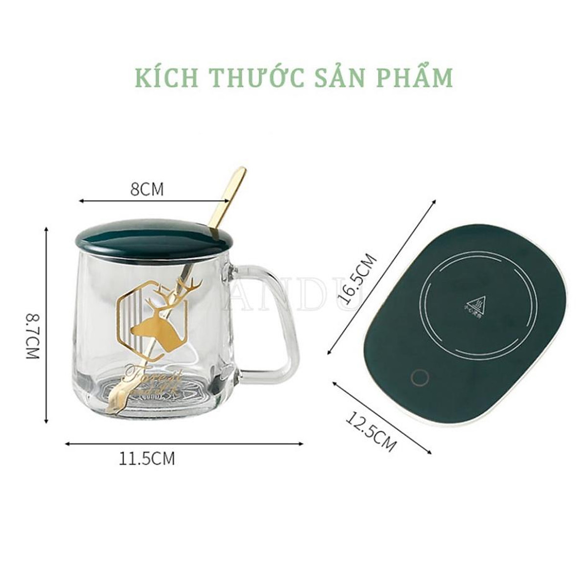 Bộ Cốc Hâm Nóng Giữ Nhiệt Ly Thủy Tinh Kèm Đế Điện Hâm Nóng Cafe , Sữa , Trà Đồ Uống - Tặng Muỗng Mạ Vàng