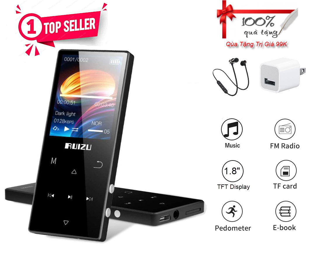 Máy Nghe Nhạc Ruizu D51 - Bộ Nhớ Trong 8Gb, Bluetooth 5.1, Loa Ngoài, Nhạc Lossless, Xem Video, Đa Định Dạng MP3 WAV APE WMA FLAC OGG Văn Bản Hình Ảnh, Màn hình 1.8" Pin Lithium 400mAh 10 Tiếng, Hỗ Trợ Thẻ Nhớ Ngoài 128Gb - Hàng Chính Hãng