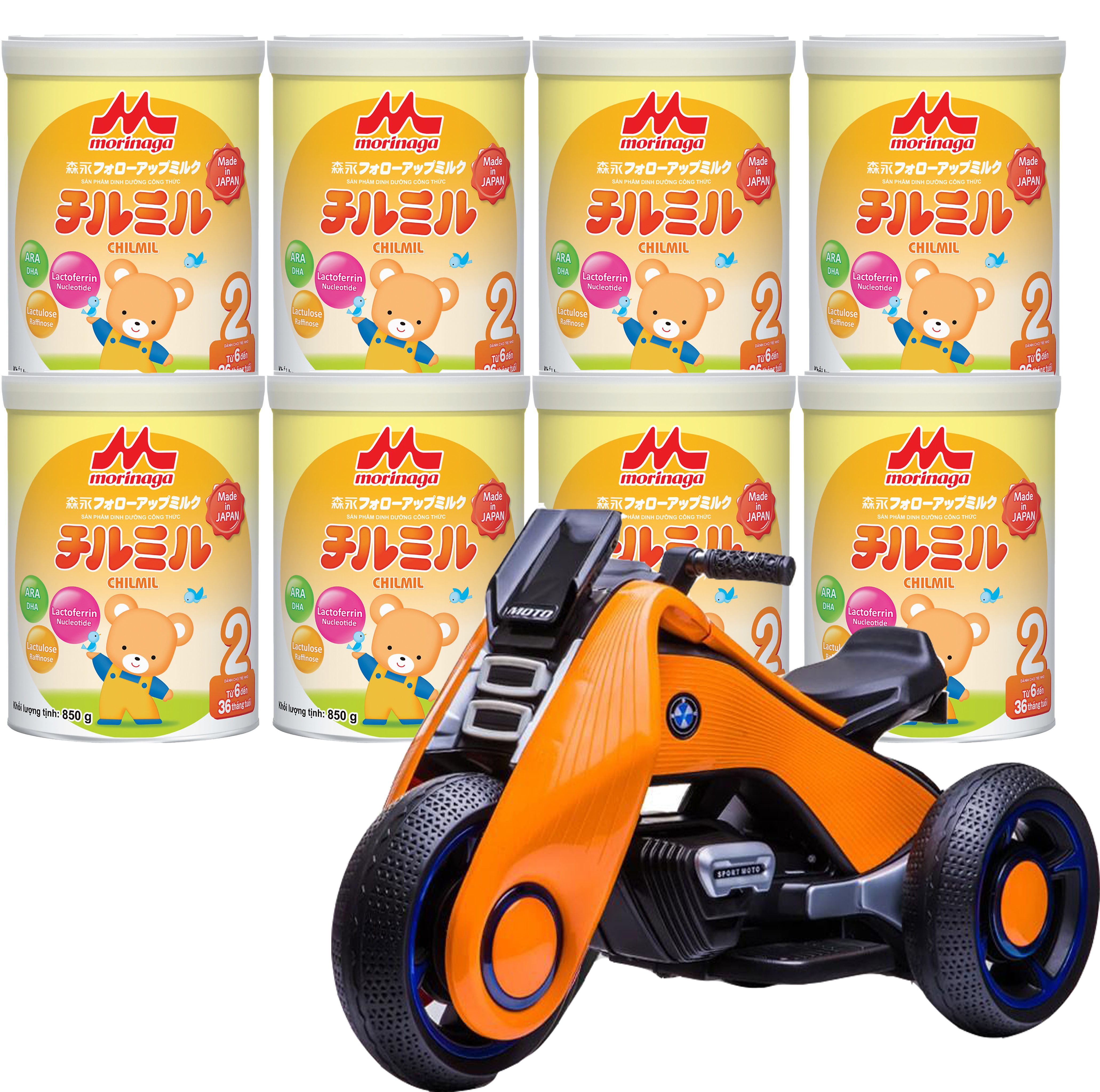 Combo 8 hộp Sữa Morinaga Số 2 Chilmil và xe máy điện trẻ em VBC-6199