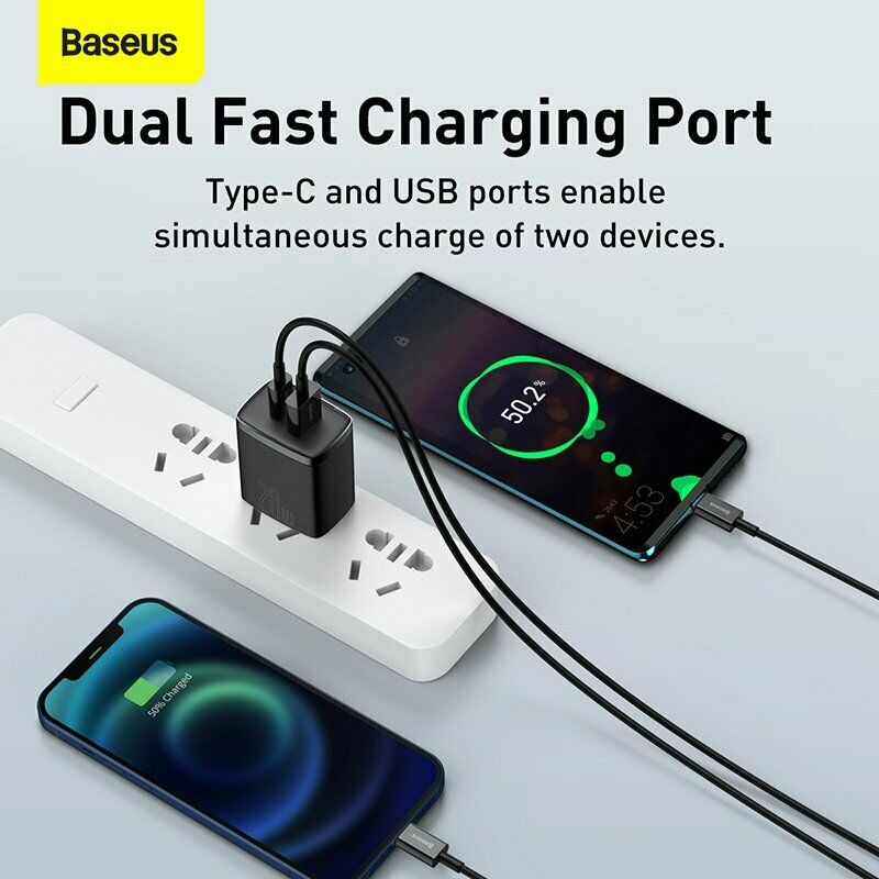 Củ sạc nhanh PD 20W Baseus Compact Quick Charger chuôi dẹt 1 cổng Usb và Type-C - Hàng chính hãng
