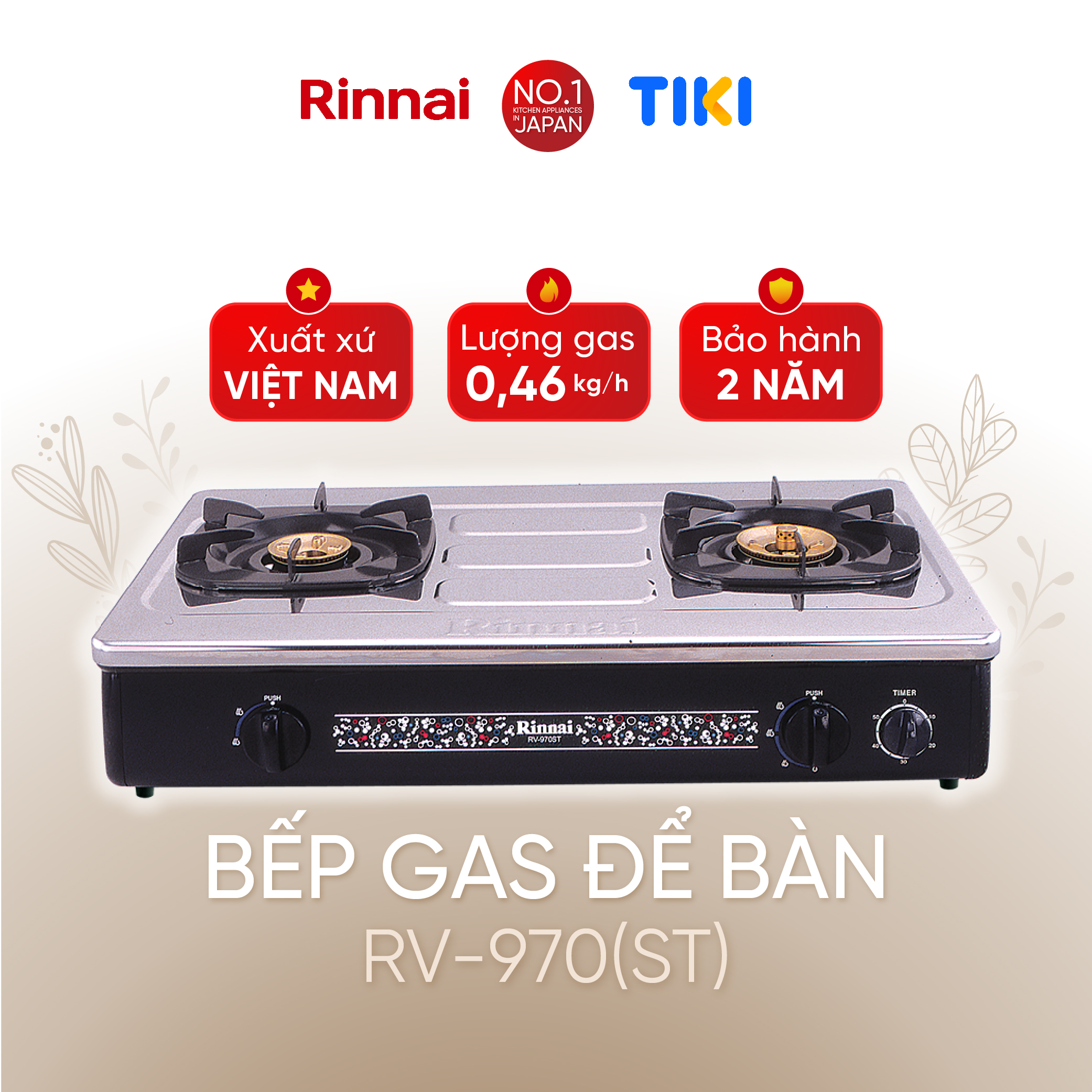 Bếp gas dương Rinnai RV-970(GL) mặt bếp kính và kiềng bếp men - Hàng chính hãng