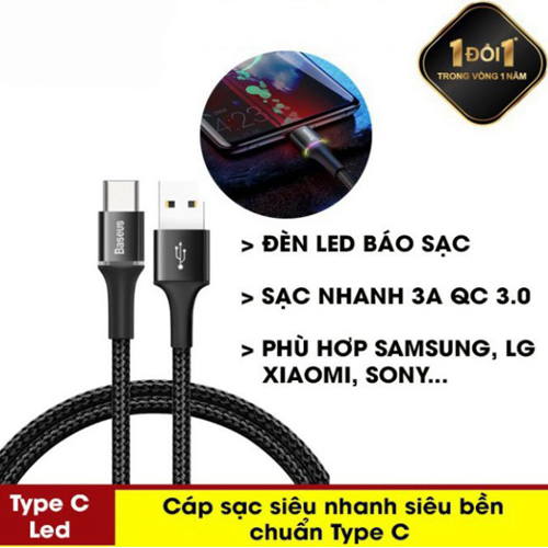 Cáp Sạc Nhanh 3A Halo Data Cable USB To Type-C Có Đèn LED Hàng Chính Hãng Baseus