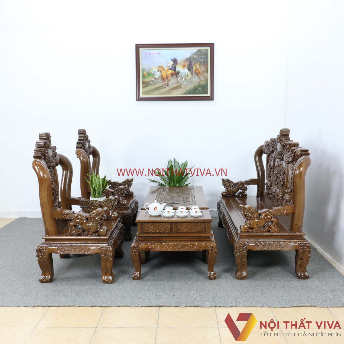 Bộ Bàn Ghế Salon Gỗ Mun Tay 10 Chạm Nghê 6 Món Cao Cấp Sang Trọng