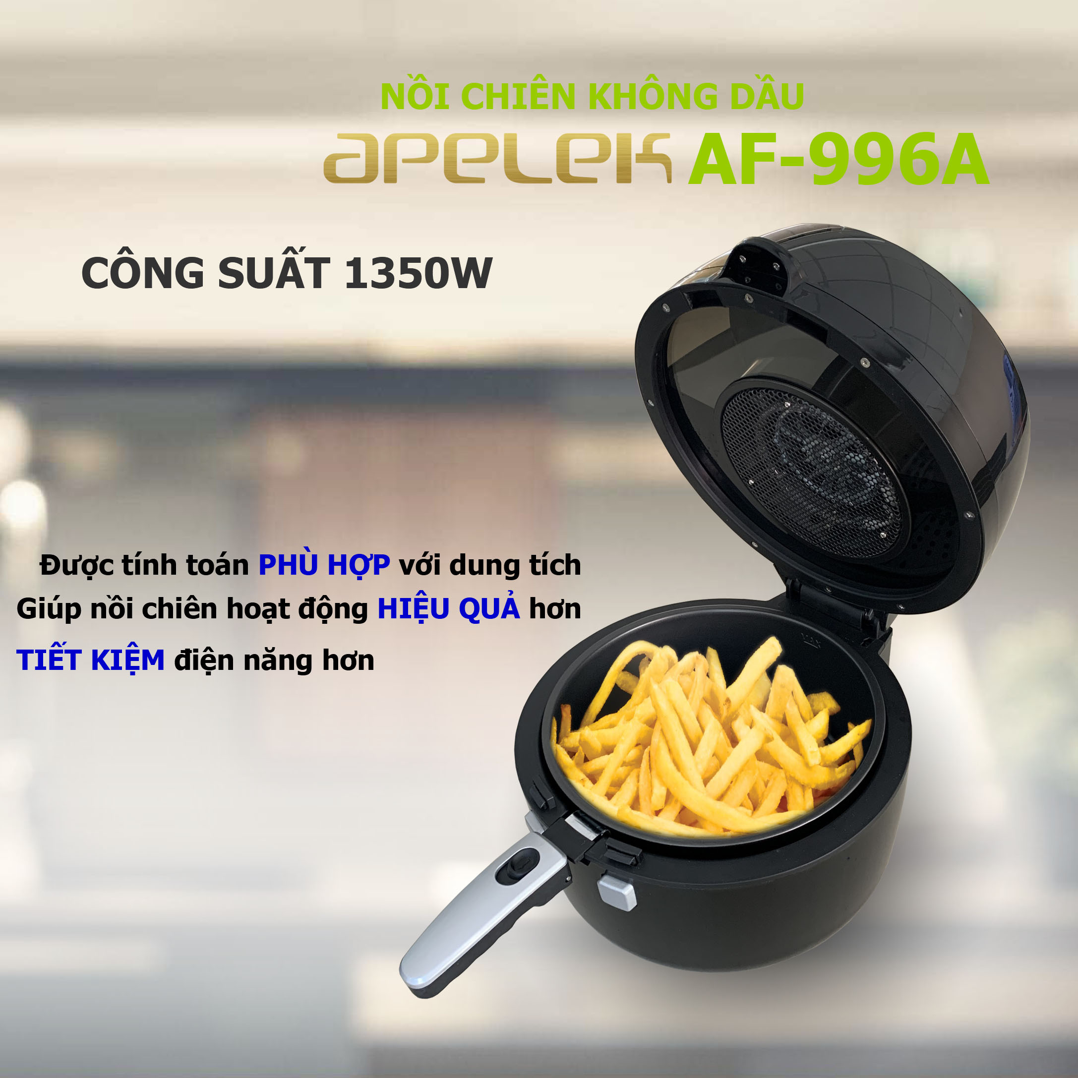 Nồi chiên không dầu APELEK AF-996A 6.5L - Hàng chính hãng - Mặt kính trong suốt tiện lợi - Dung tích nồi 6.5L - Bảng điều khiển cảm ứng - Công nghệ Rapid Air giảm đến 80% lượng dầu mỡ