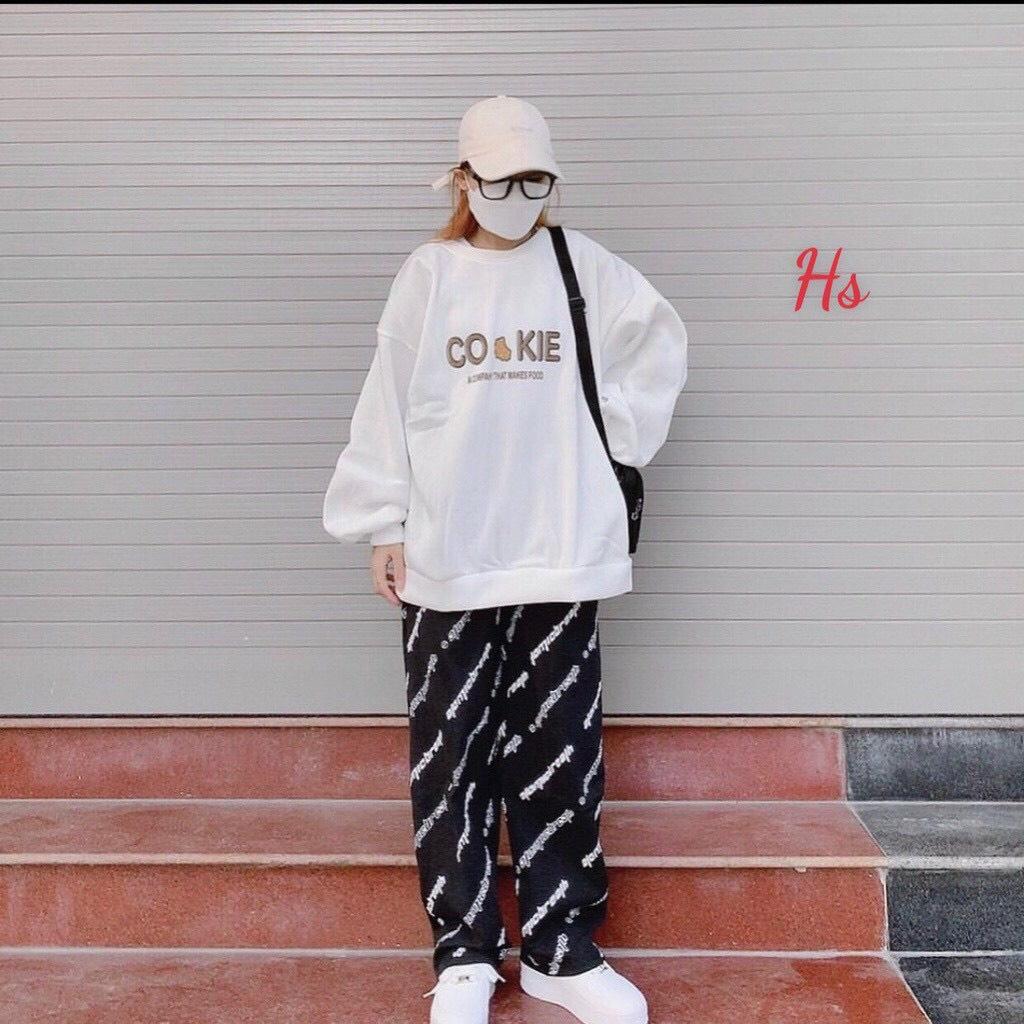 Áo sweater nam nữ tay phồng in cokie được may từ nỉ ngoại mềm mịn,thoáng mát freesize từ