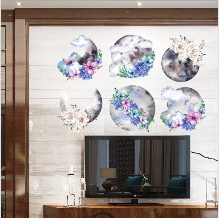 Decal dán tường trang trí - TRANH HOA TÍM TRĂNG HUYỀN ẢO