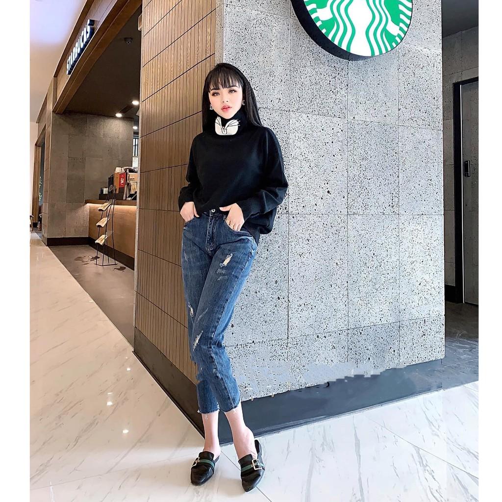 Quần jean nữ BIGSIZE skinny 9 tấc lưng cao co dãn mạnh màu xanh đậm rách nhẹ 2552