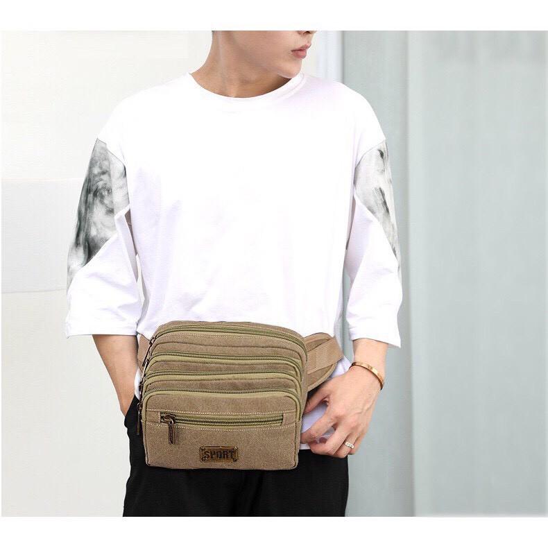 Túi bao tử đeo chéo, đeo thắt lưng vải canvas 5 ngăn thời trang nam T68 23x25x12cm và 21x13x10cm