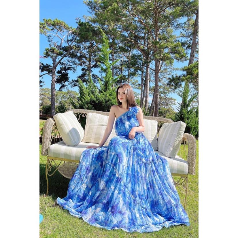 Đầm váy maxi voan lót lụa mút ngực hoa xanh lệch xoè dài dập ly đi biển dự tiệc dạo phố bigsize gợi cảm sexy
