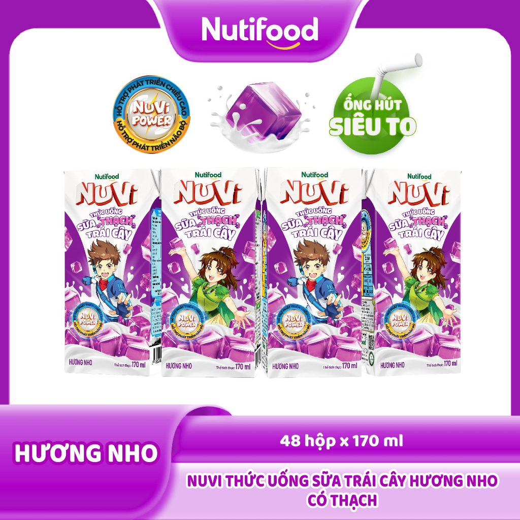 Thùng 48 Hộp Thức Uống Sữa Trái Cây Có Thạch NuVi Hương Nho 170ml