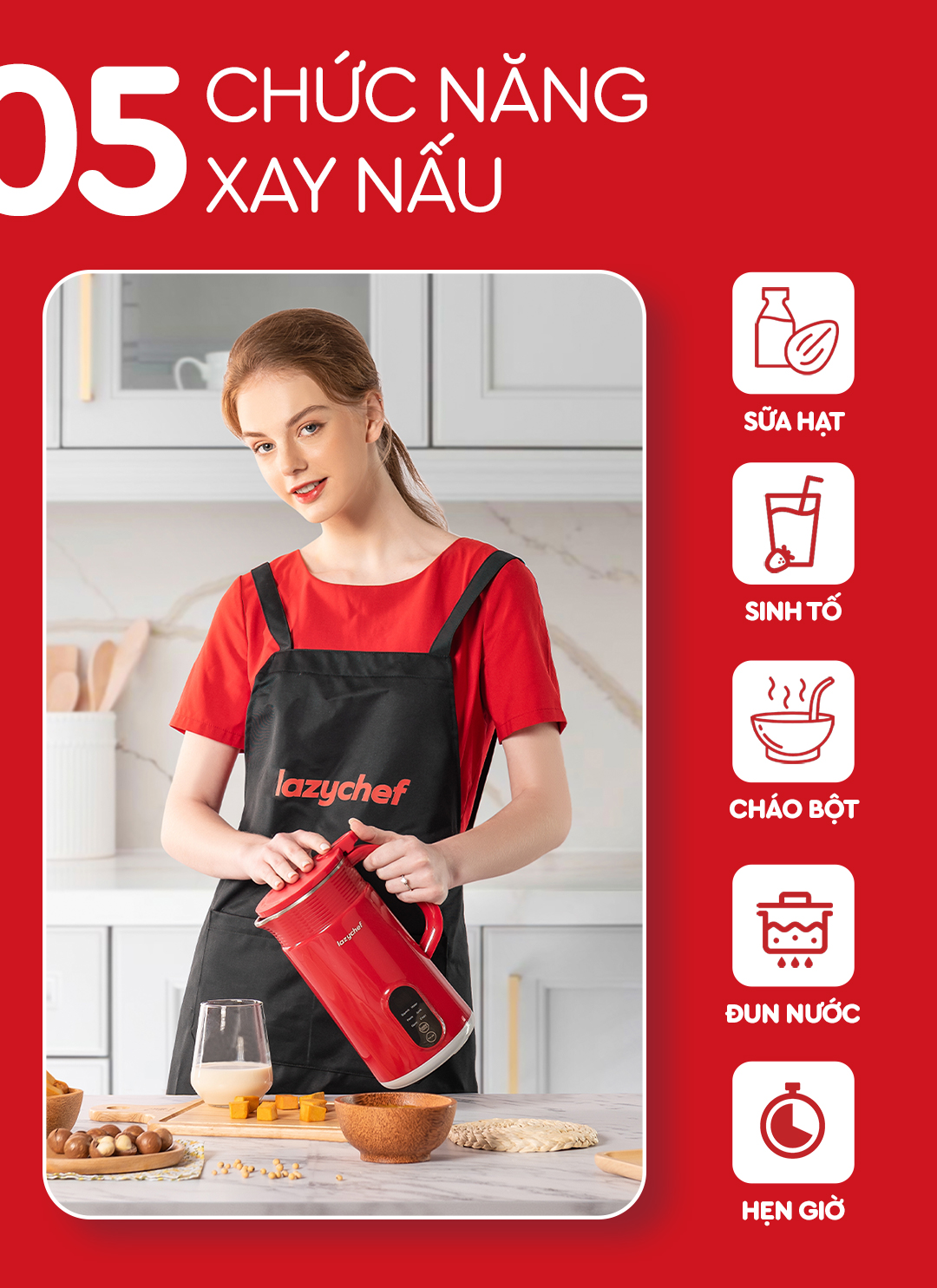 Máy Làm Sữa Hạt 5in1 Lazychef - Lô Mới 6 Lưỡi Dao Kép - Máy Xay Sinh Tố, Máy Làm Sữa Hạt - Dung Tích 800ml, Bảo Hành 12