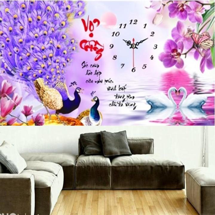 Tranh đá vợ chồng công tím ngọc lan đồng hồ YN5359 - kích thước: 77 * 45cm.