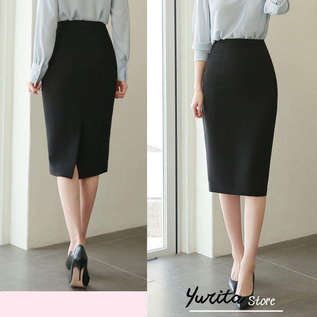 Chân Váy Công Sở Bút Chì YURITA Dáng Dài Qua Gối Màu Đen Lưng Cao Xẻ Sau Đẹp Kiểu Hàn Quốc Vintage Cá Tính MCV008