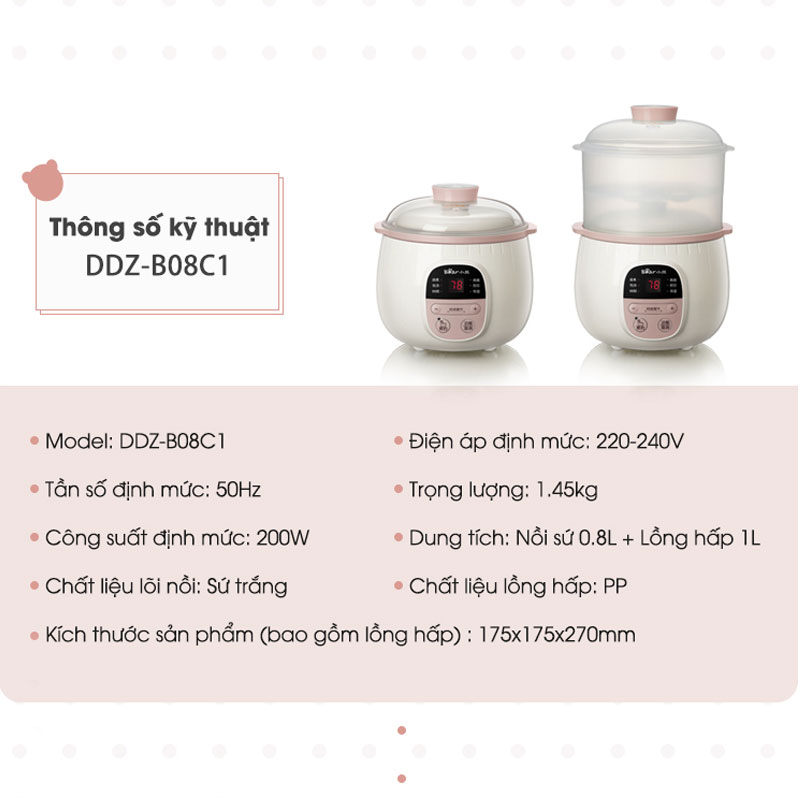 Nồi ninh , hấp, nấu cháo, nấu đồ ăn dặm cho bé 4in1 0,8L - Chính hãng Bear DDZ-B08C1