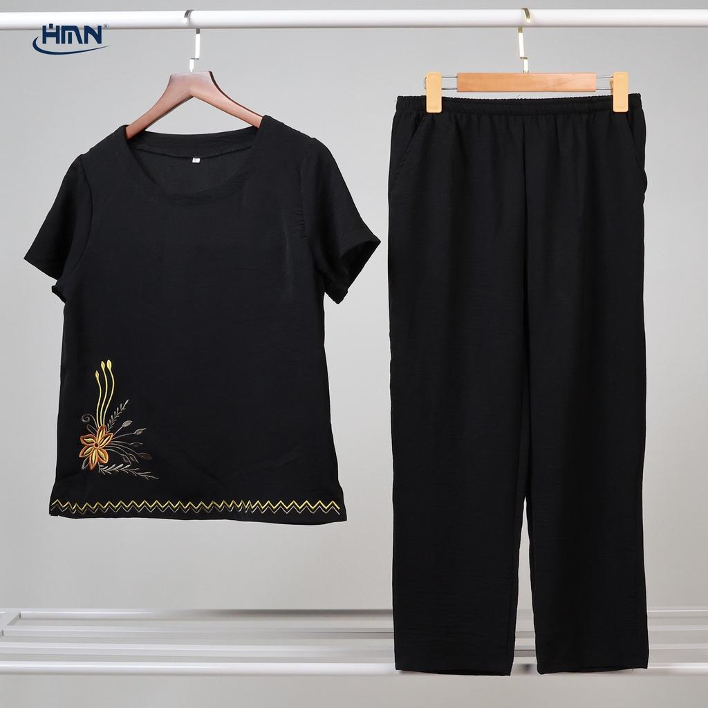Set đồ bộ trung niên nữ áo thun tay ngắn thêu hoa phối viền và quần Dài/lửng vải đũi linen mềm mịn - HMN Fashion