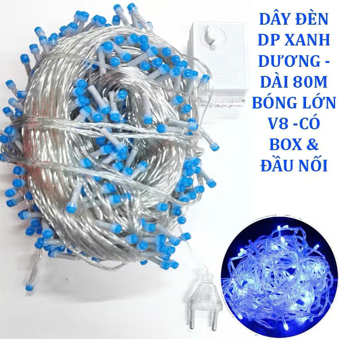 Dây Đèn Dp Màu Xanh Dương 8 Chế Độ Chớp Dài 80M Bóng Lớn V8 Có Box Điều Chỉnh Và Đầu Nối