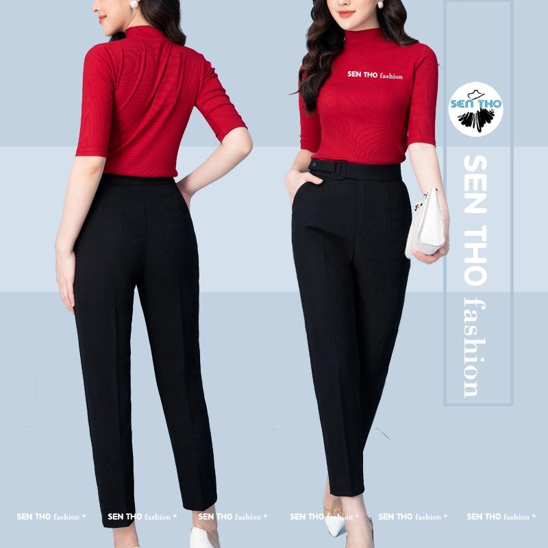 Quần Baggy Nữ Đai Vải Vuông ,Quần Công Sở Màu Đen Be