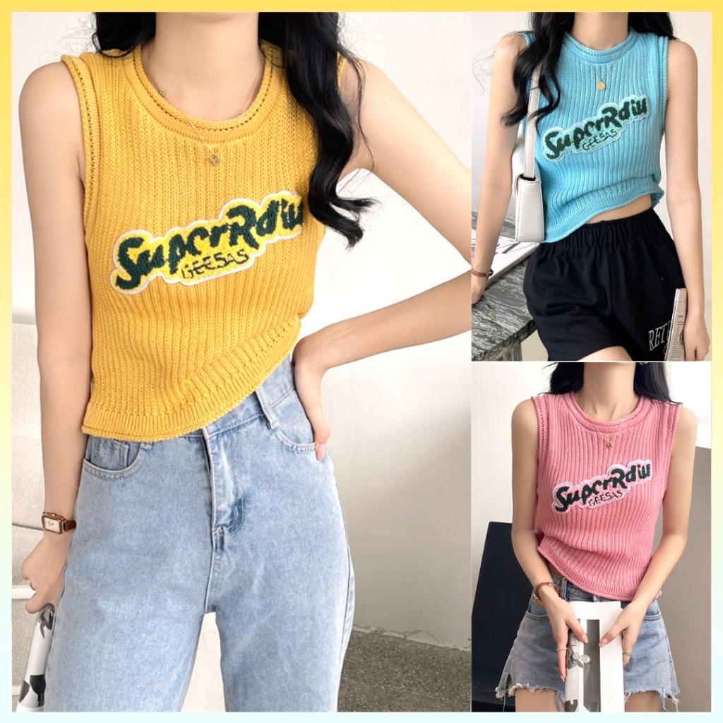 Áo len nữ Montoghi dệt kim Quảng Châu MÙA HÈ dáng croptop thêu chữ nổi xinh xắn