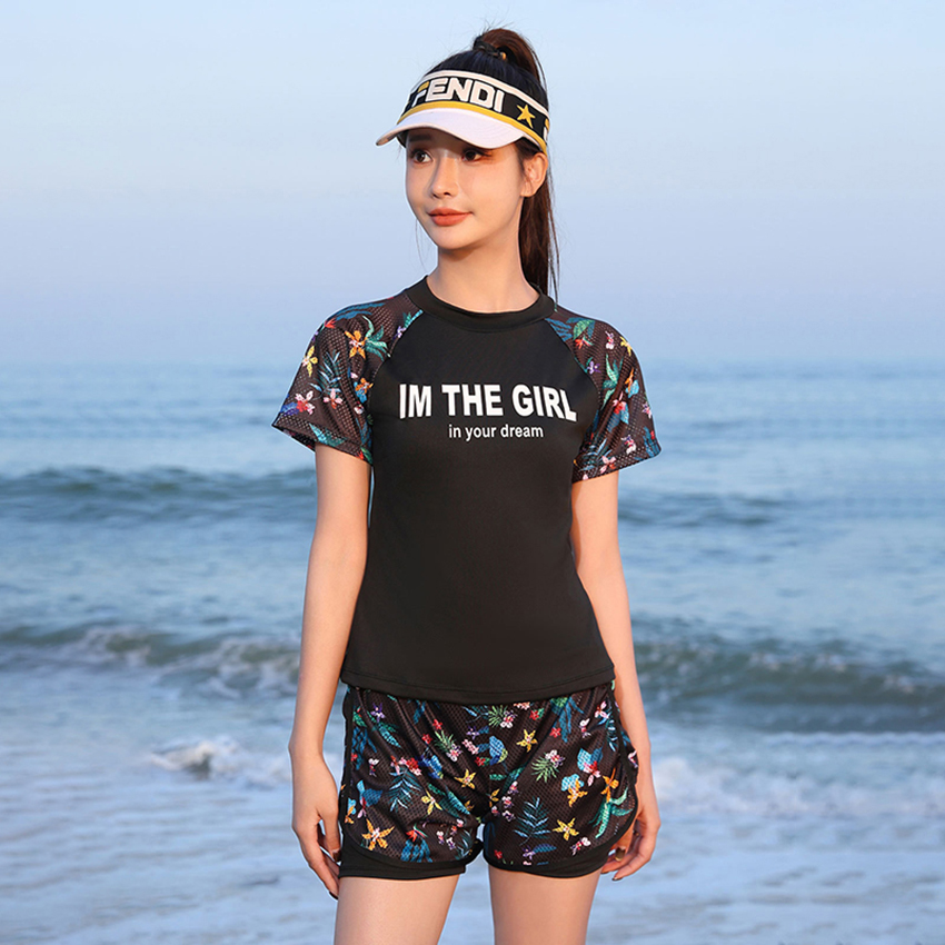 Đồ bơi nữ kín đáo ngắn tay quần 2 lớp đi biển thời trang thể thao vải mềm mại freesize dưới 56kg