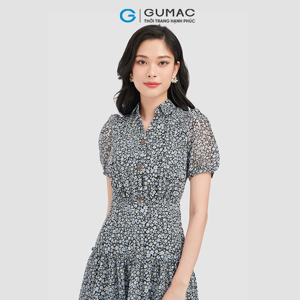 Đầm form A GUMAC DC08131 đầm tay ngắn họa tiết phối nút