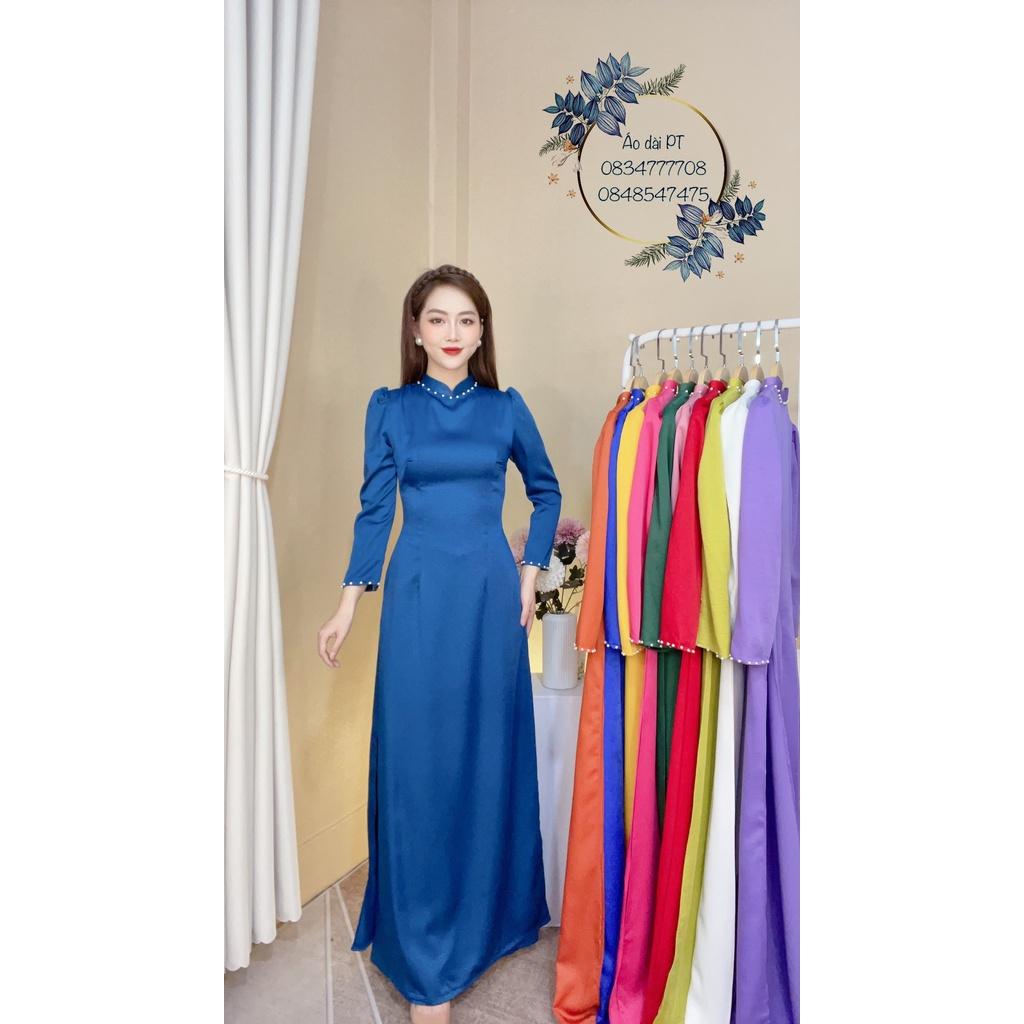 Áo dài XANH KÉT trơn tay bồng, thiết kế cổ cao 2p đính ngọc, tay bồng lỡ, chất vải lụa tây thi 2 tà mềm mại , bay tà