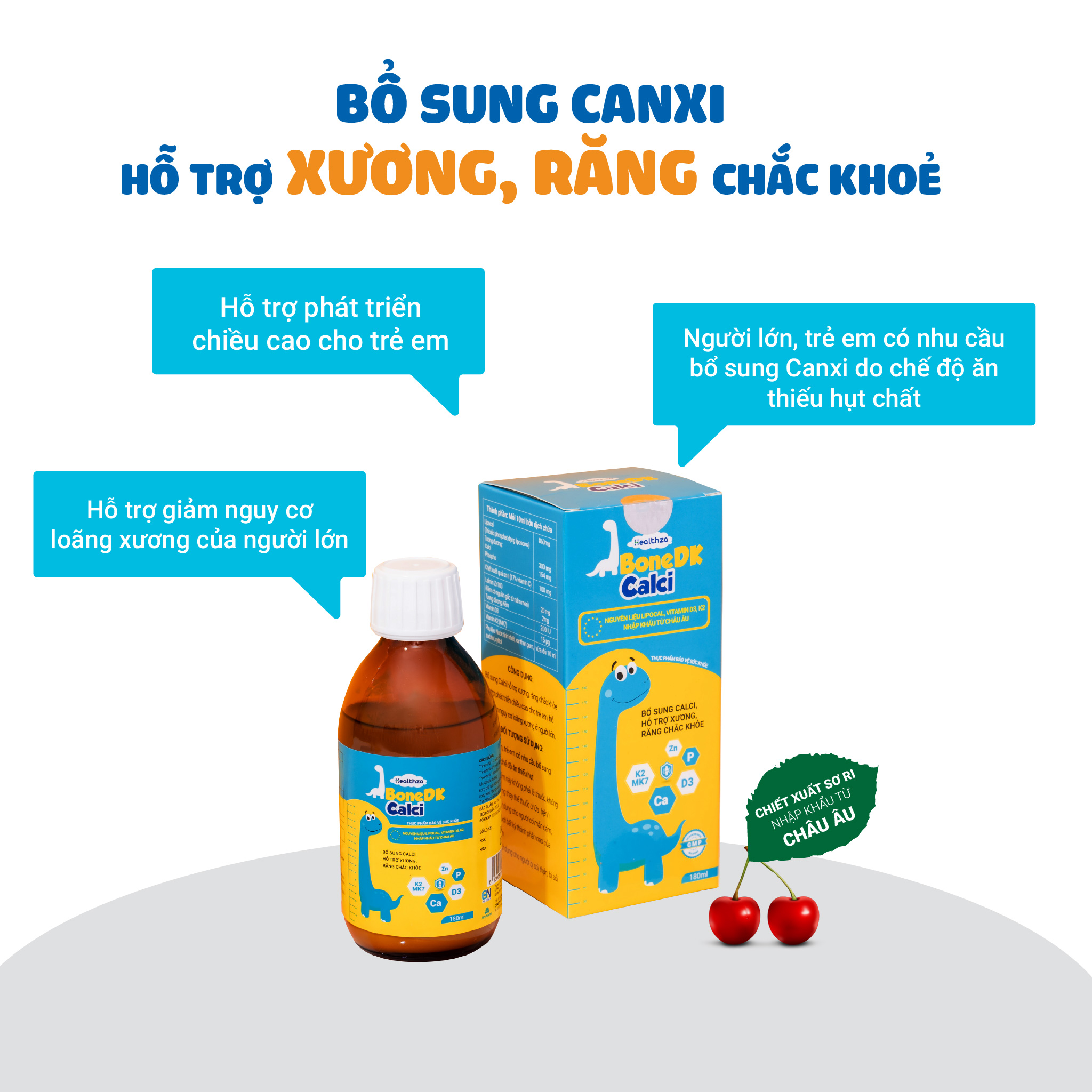 Healthza BoneDK Calci bổ sung Calci, Vitamin D3, K2(MK7) cho bé hộp 1 lọ/180ml