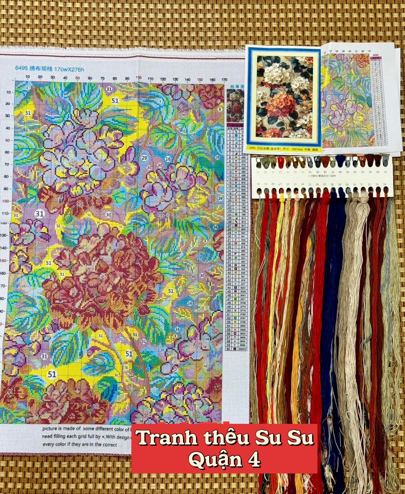 Tranh thêu kín chữ thập Hoa cẩm tú cầu 6495, kích thước 50 x 76 cm