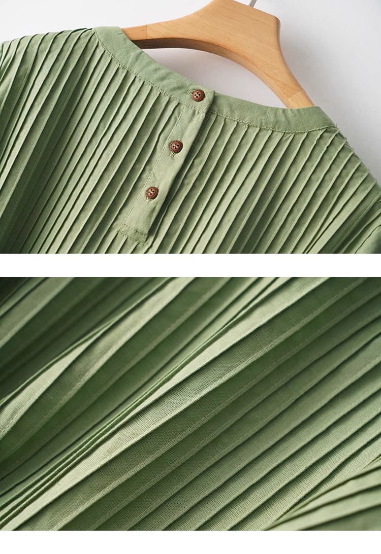 Đầm suông tay ngắn cổ tròn thiết kế xếp li tinh tế vải Linen tự nhiên cao cấp
