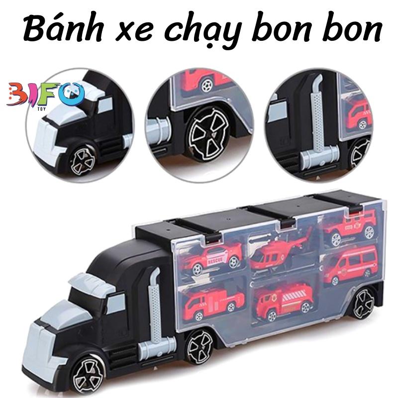 Hộp đồ chơi xe container vận chuyển xe ô tô và trực thăng (6 chiếc