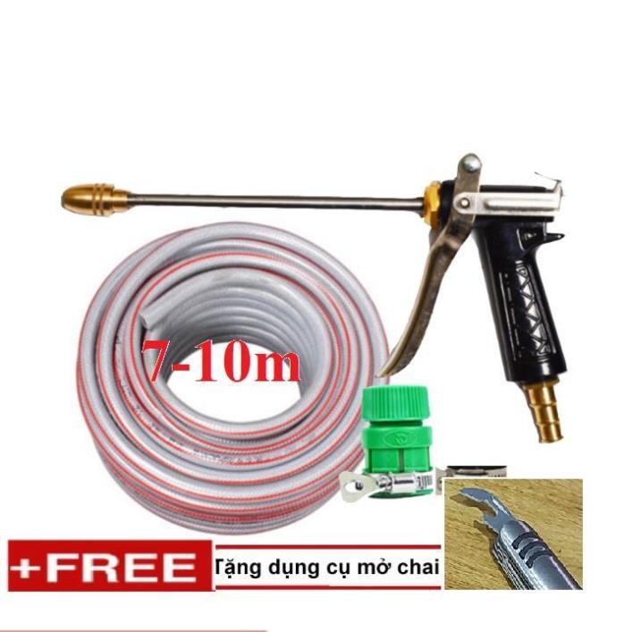 Bộ dây vòi xịt nước rửa xe, tưới cây . tăng áp 3 lần, loại 7m, 10m 206318 đầu đồng, đai, + tặng mở chai TL