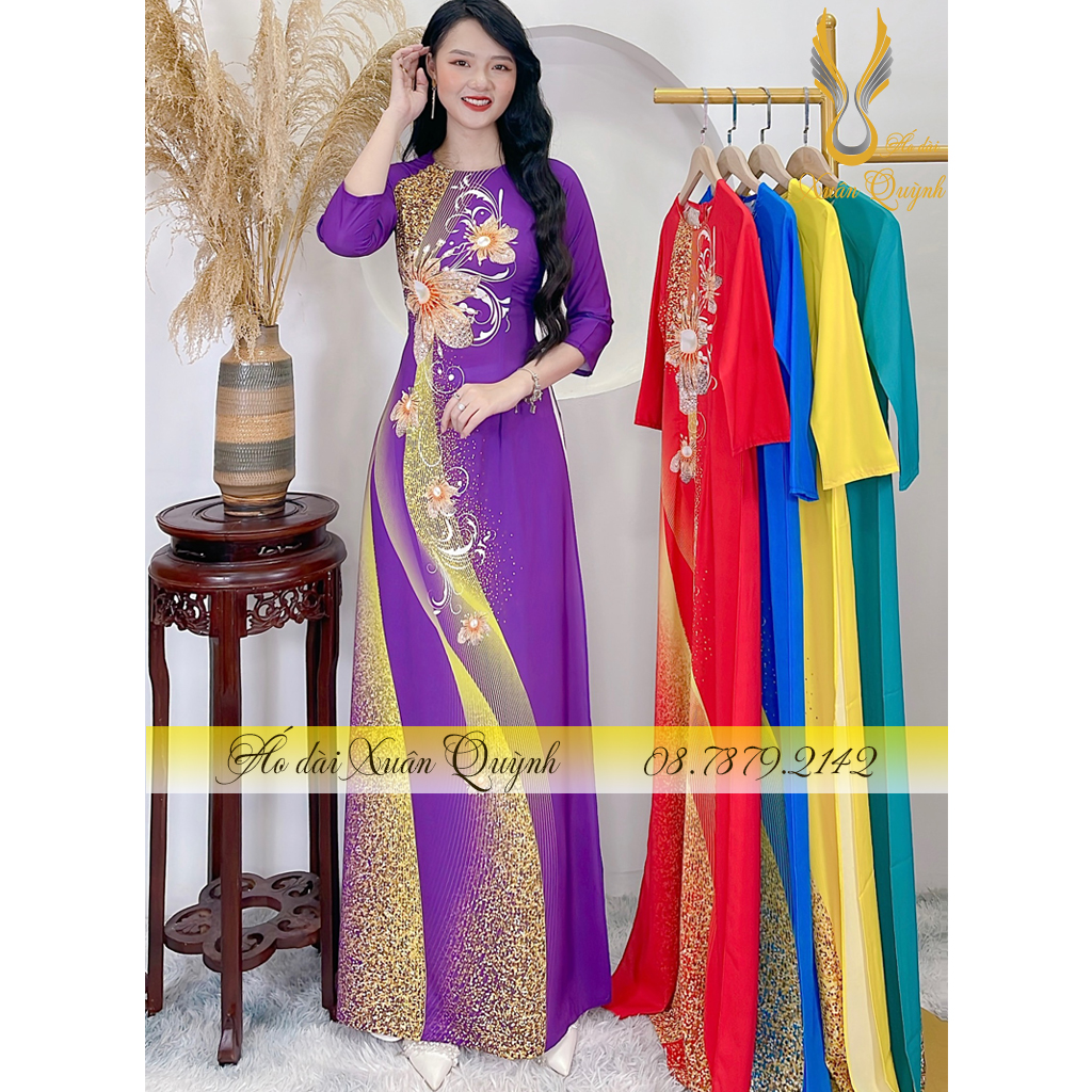 Áo Dài Hoa Kim Cương Phối Dải Chấm Bi Sang Trọng, Lụa Habutai Cao Cấp K97 Tím Huế