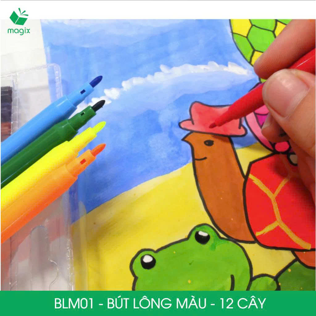 BLM01 - 12 cây bút lông màu, bút dạ màu sắc tươi sáng, an toàn cho bé