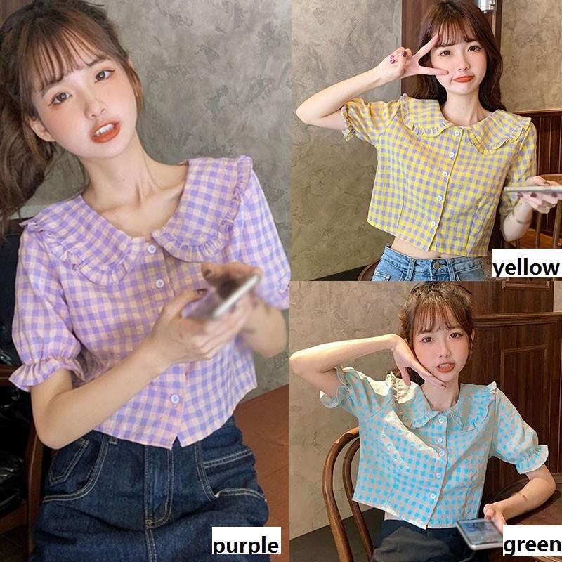 Áo Sơ Mi Caro Cổ Búp Bê Xinh Xắn Cho Nữ