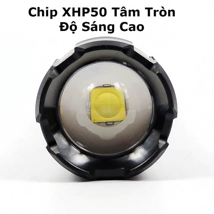 Đèn pin cầm tay siêu sáng chiếu xa 500m có Zoom xa gần, chip Led XHP50 tâm tròn, pin trấu, 7 chế độ sáng, chống nước IPX6