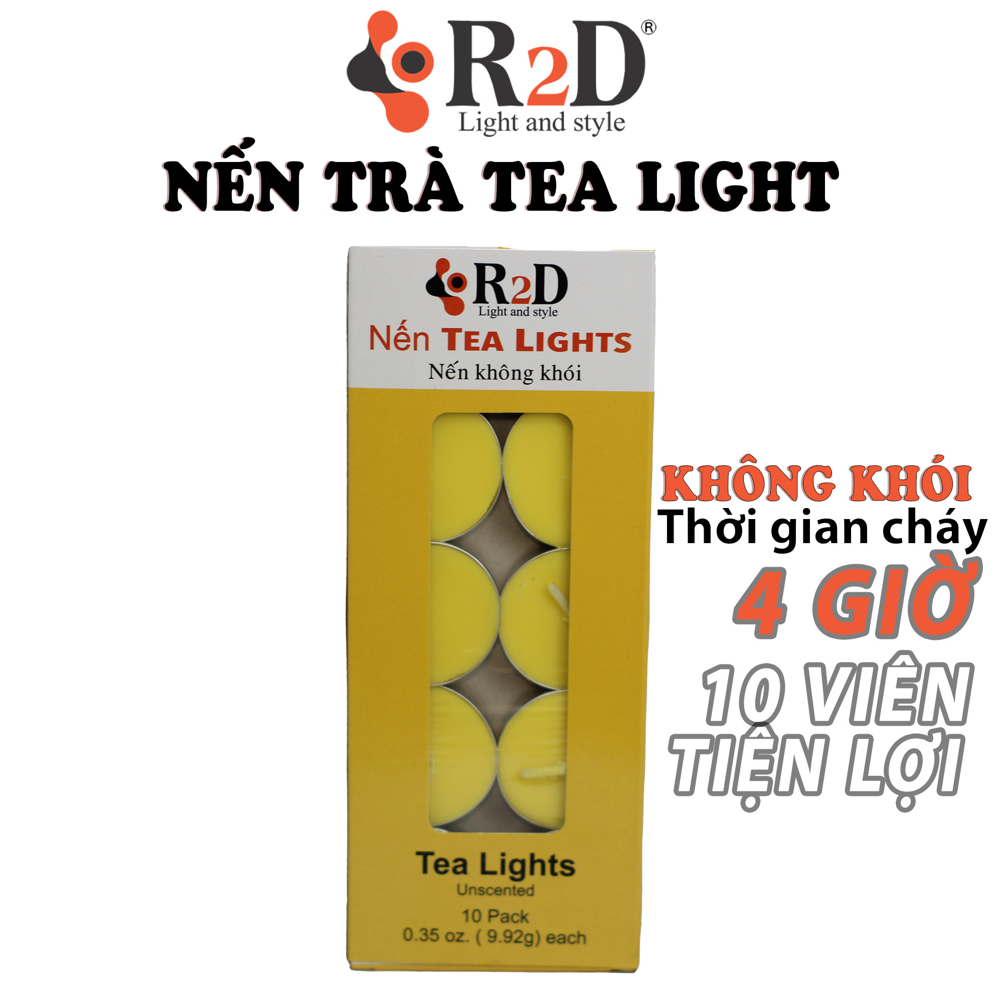 Nến Không Khói Vàng, Tealight Vàng, Nến Trà , , Chính Hãng Từ Thương Hiệu R2D, Làm Từ Nguyên Liệu Tự Nhiên, Lành Tính.