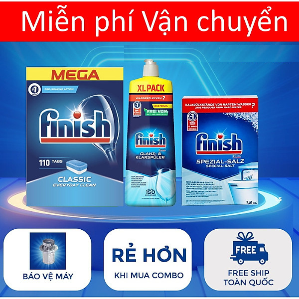 combo muối rửa bát finish 4kg+nước làm bóng finish 1150ml+viên rửa bát finish 120 viên dùng cho Máy rửa bát