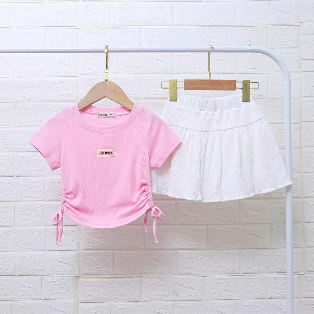 SET VÁY THUN GÂN ÁO ĐÍNH LOGO MIN MIN BÉ GÁI TỪ 12-45KG CHO BÉ GÁI