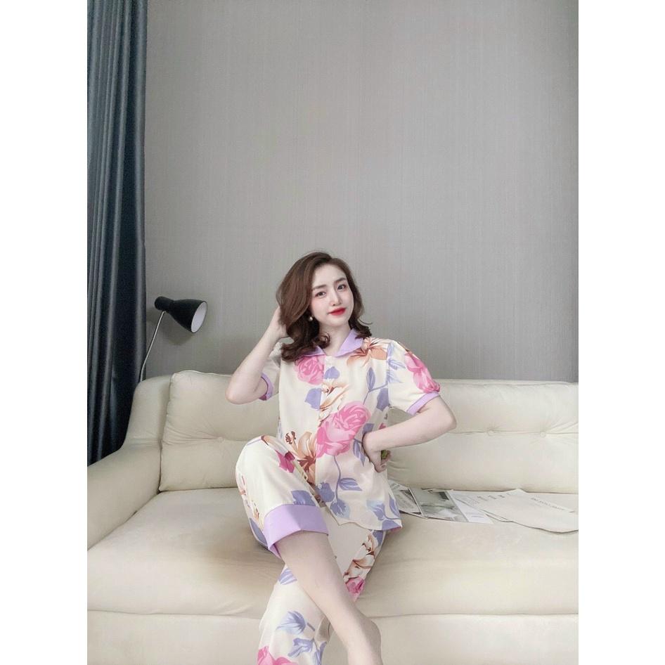 Sét đồ ngủ cổ sen quần dài lụa hàn siêu xinh mặc nhà Đồ bộ freesize giá rẻ