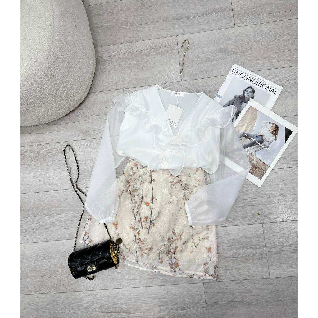 Set áo tơ bèo mix chân váy hoa đào siêu hot, Set áo cổ bèo kèm chân váy, Set công sở