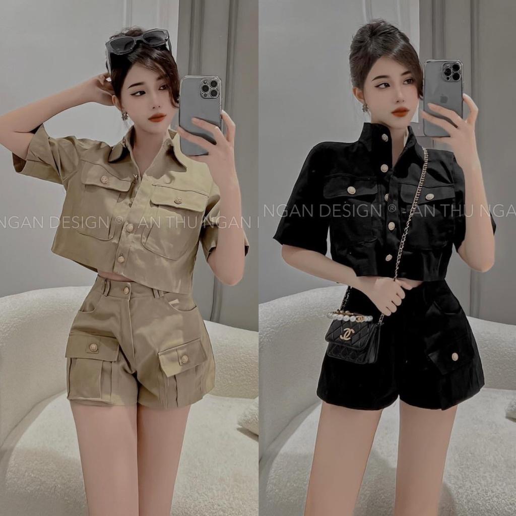 Sét bộ đồ nữ áo croptop cổ sơ mi phối túi cao cấp thời trang mới duyên dáng việt DSS210