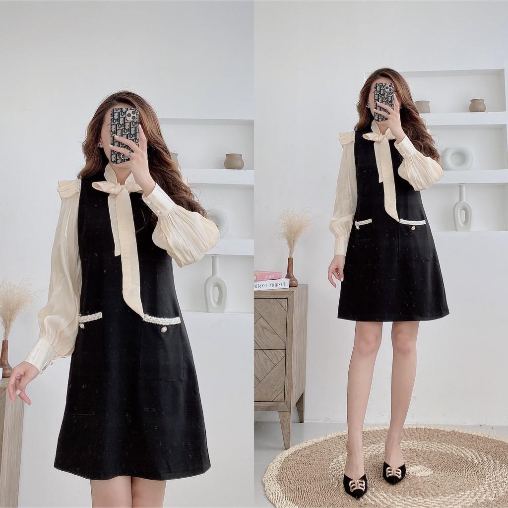 Váy suông phối tay organza buộc nơ cổ, đầm xuông chữ A tay phồng bèo vai có túi mã V22 - Michi's House