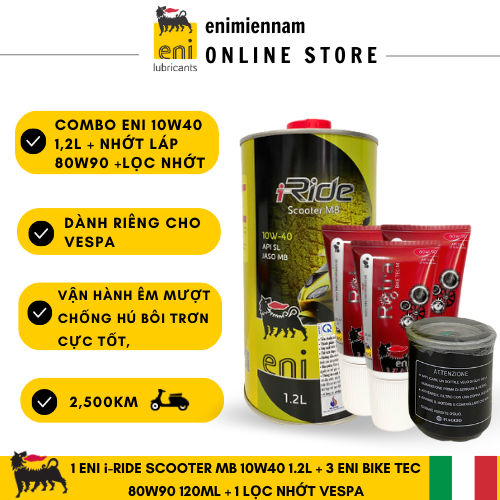 Combo nhớt Eni Scooter 10W40 1.2L + Lọc nhớt vespa + Nhớt Lap 80W90 120ML dành cho vespa